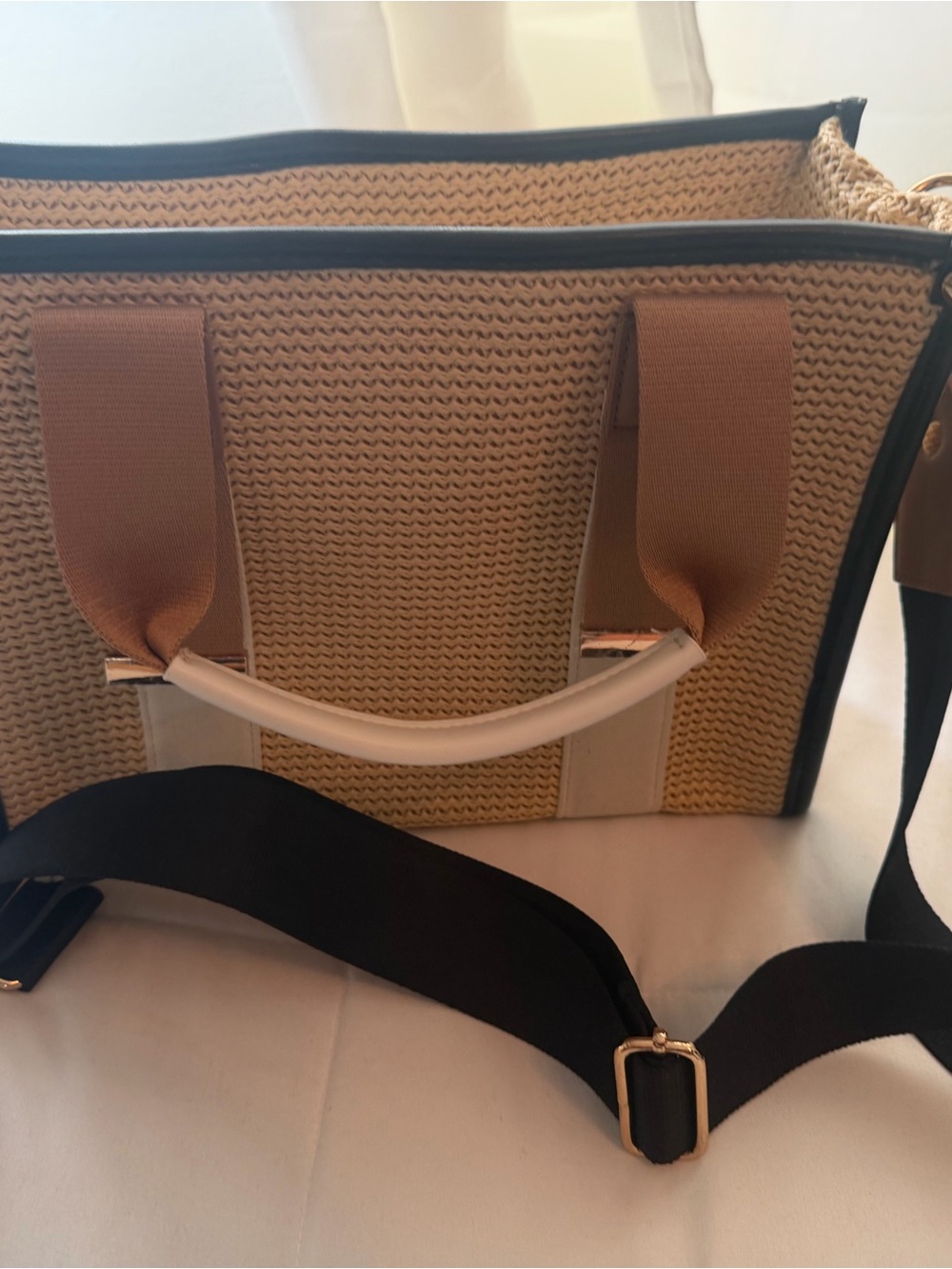 Woven Straw Tote with Contrast Trim - Beige
